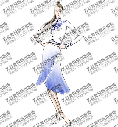 女子健美操舞蹈服装白色青花健美操舞台比赛设计图！