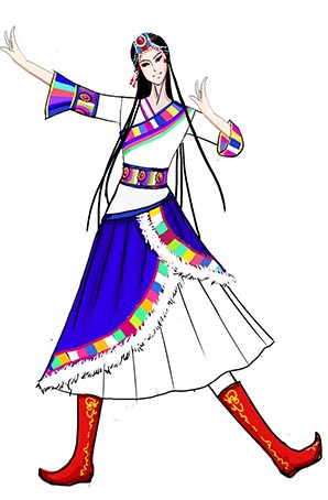 藏族舞蹈服装服装女子团体舞台演出服装设计图！