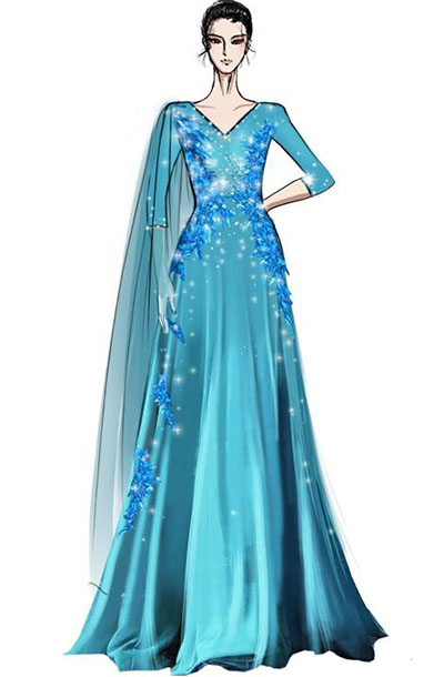 蓝色经典舞台演出礼服设计女款舞台乐器室表演服装设计！