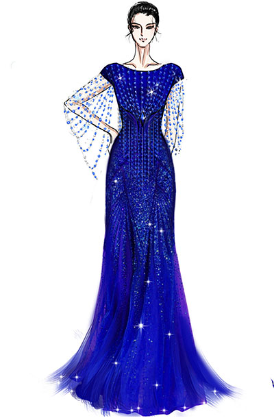 蓝色纱织舞台演出服装设计与定制女声乐师演出服装定制！